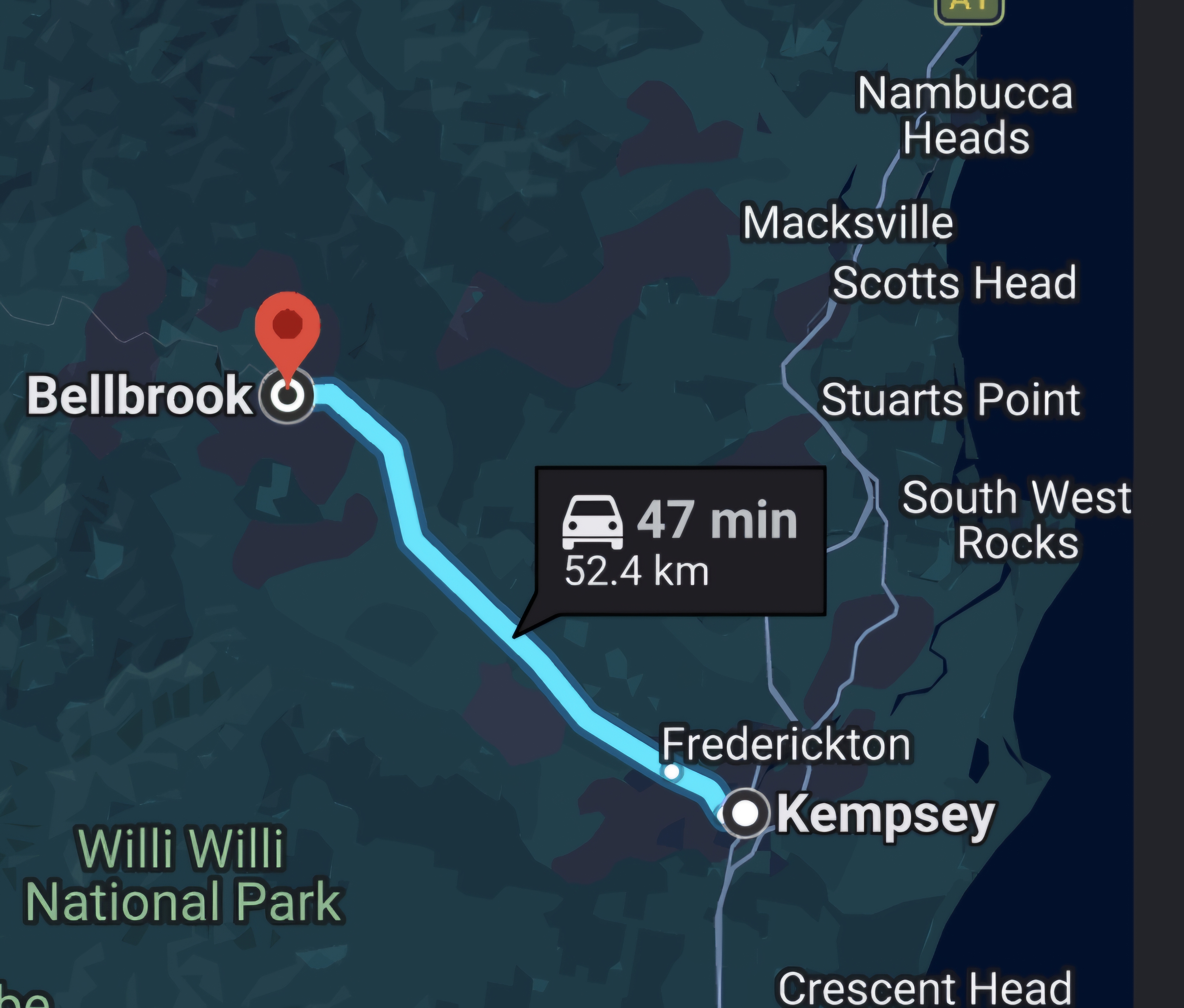 Map showing the drive from Kempsey to Bellbrook via Armidale Road, 47 minutes, 52.4km