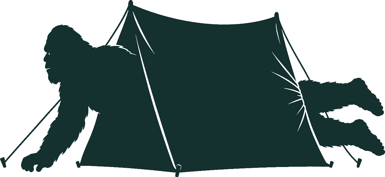 The Yowie, way too big, squeezed into a small tent with its head and feet poking out both ends