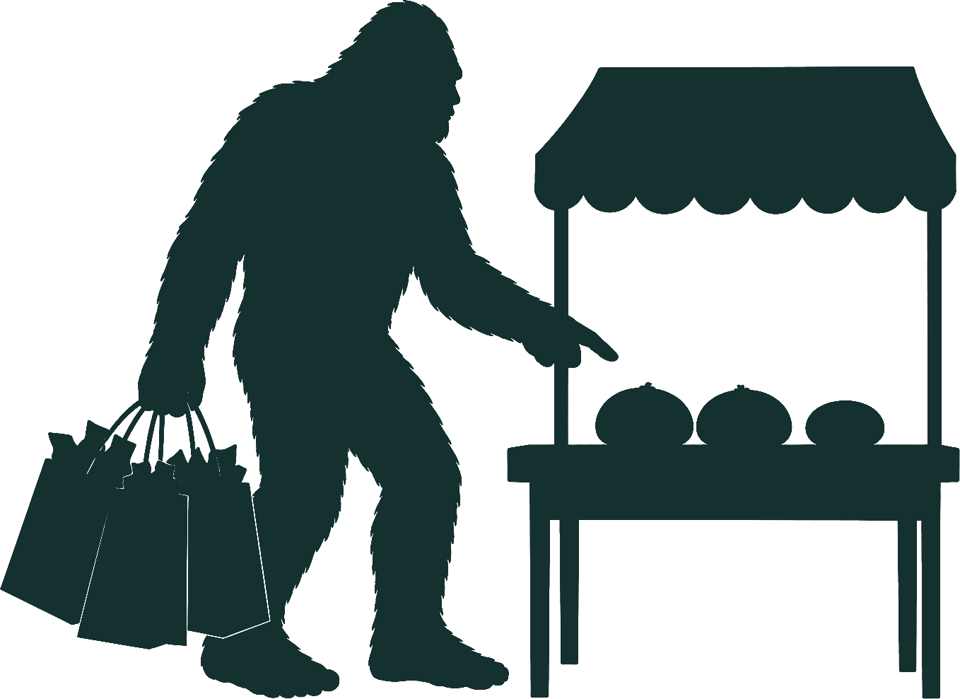 The Yowie, arms full of shopping bags, pointing at an item on a market stall