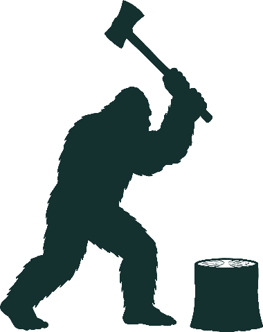 The Yowie swinging an axe at a log